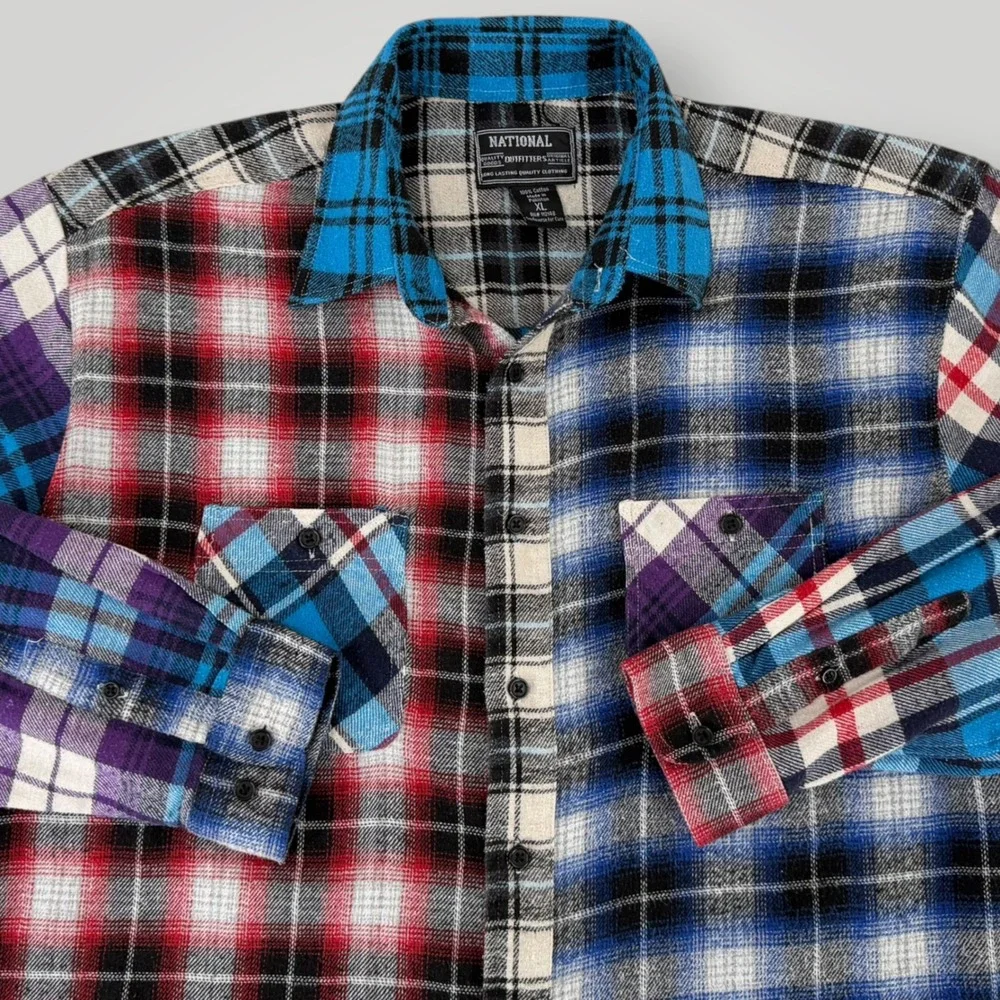 National Outfitters Mens XL Patchwork Plaid Flannel Shirt Multi Color Cotton